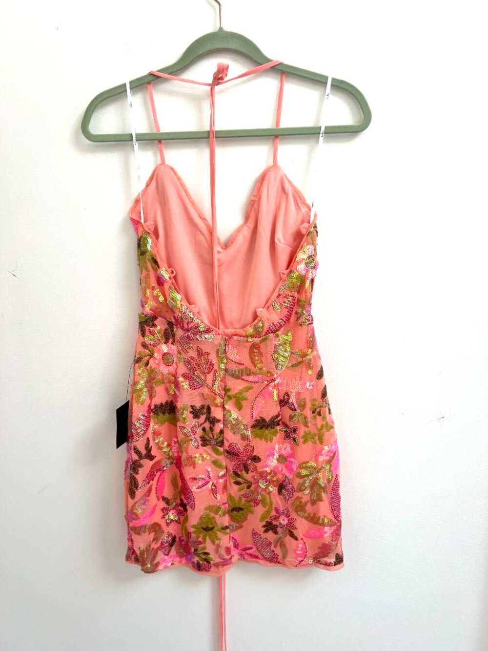 Lulus Neon Coral Pink Iridescent Sequin Floral Halter Backless Mini Dress M NWT - Picture 6 of 12